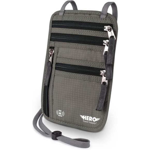HERO Neck Wallet – RFID Blocking Passport Holder – Easy to Conceal Travel Pouch - Picture 1 of 7